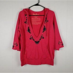 LUCKY BRAND Boho Medium V-neck Bell Sleeve Embroidered Hoodie Pink Front Pockets